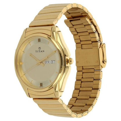 Titan Quartz Analog with Day and Date Champagne Dial Golden Stainless Steel Strap Watch For Men