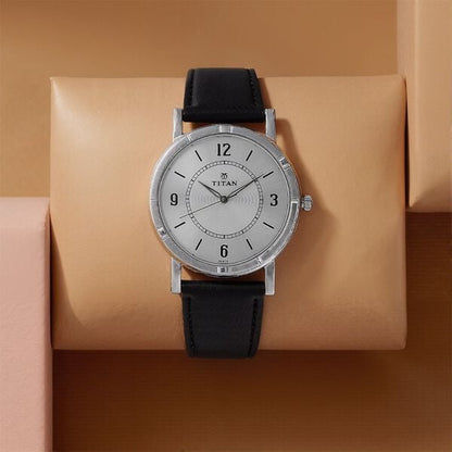 Titan Quartz Analog Silver Dial Leather Strap Watch for Men