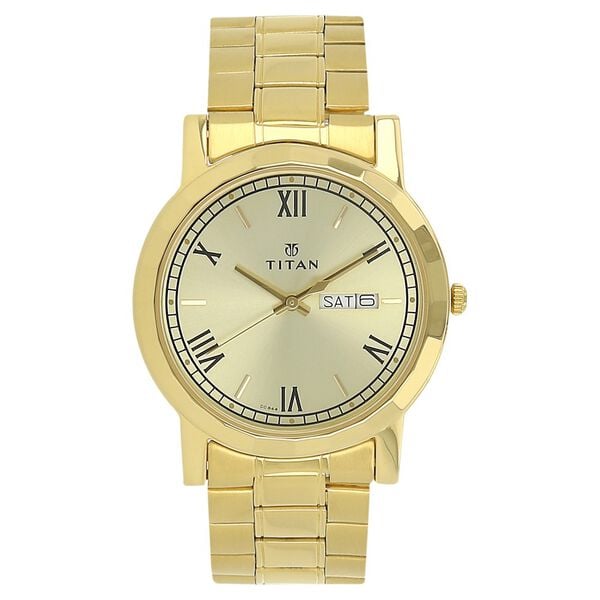 Titan Quartz Analog with Day and Date Champagne Dial Stainless Steel Strap Watch for Men