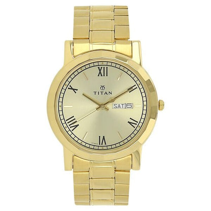 Titan Quartz Analog with Day and Date Champagne Dial Stainless Steel Strap Watch for Men