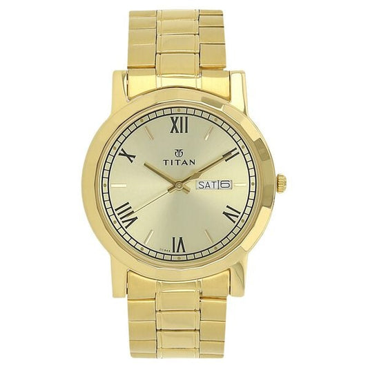 Titan Quartz Analog with Day and Date Champagne Dial Stainless Steel Strap Watch for Men