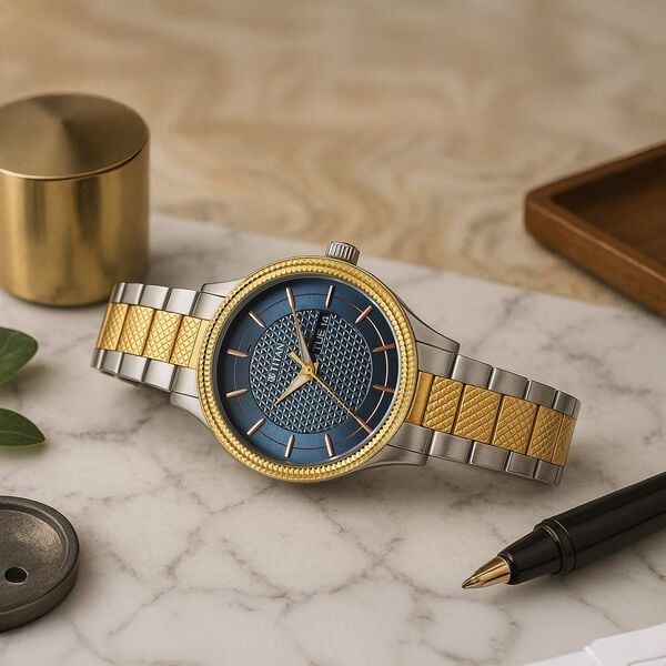 Titan Karishma Wedding Edit Quartz Analog with Day and Date Blue Dial Stainless Steel Strap Watch For Men