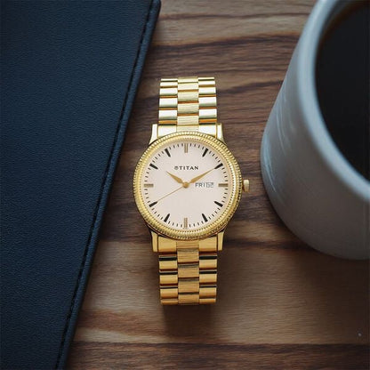 Titan Quartz Analog with Day and Date White Dial Stainless Steel Strap Watch for Men