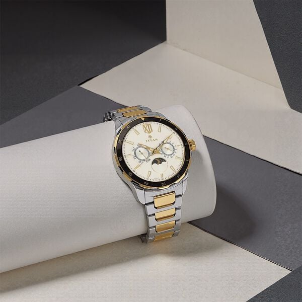Titan Quartz Multifunction White Dial Stainless Steel Strap Watch for Men