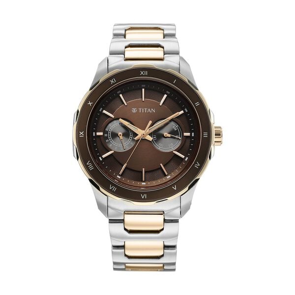 Titan Regalia Opulent Two-Eye Multifunction Brown Panda Dial Rose Gold And Steel Bimetal Strap Watch For Men