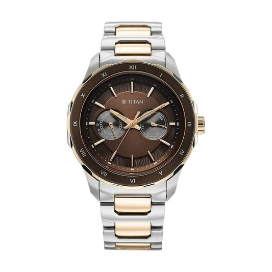 Titan Regalia Opulent Two-Eye Multifunction Brown Panda Dial Rose Gold And Steel Bimetal Strap Watch For Men