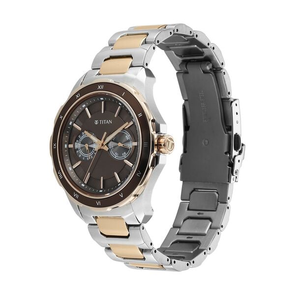 Titan Regalia Opulent Two-Eye Multifunction Brown Panda Dial Rose Gold And Steel Bimetal Strap Watch For Men