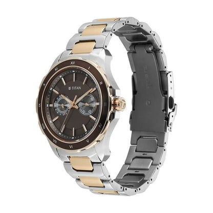 Titan Regalia Opulent Two-Eye Multifunction Brown Panda Dial Rose Gold And Steel Bimetal Strap Watch For Men