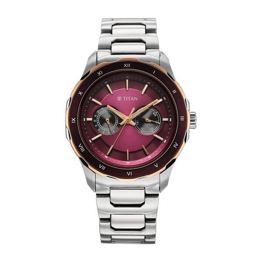 Titan Regalia Opulent Two-Eye Multifunction Burgundy Panda Dial Stainless Steel Strap Watch For Men