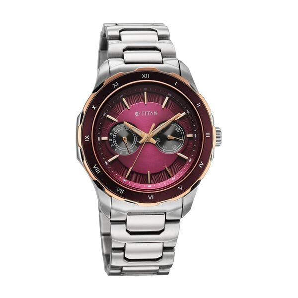 Titan Regalia Opulent Two-Eye Multifunction Burgundy Panda Dial Stainless Steel Strap Watch For Men
