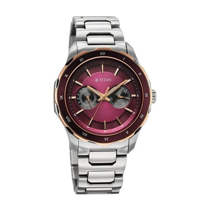 Titan Regalia Opulent Two-Eye Multifunction Burgundy Panda Dial Stainless Steel Strap Watch For Men