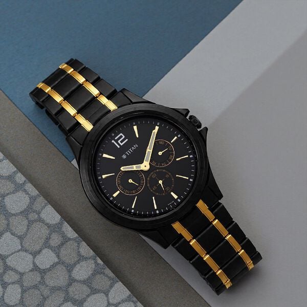 Titan Black and Gold Black Dial Quartz Multifunction Stainless Steel Strap watch for Men
