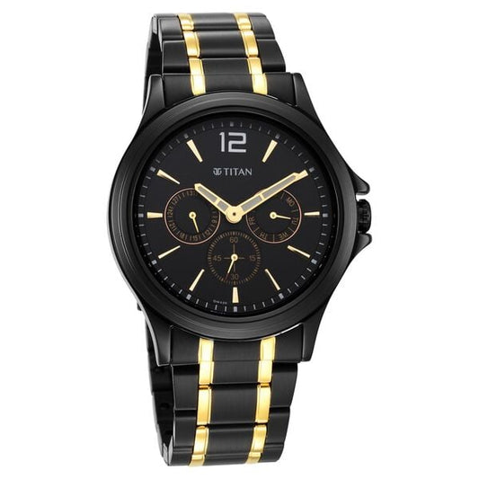 Titan Black and Gold Black Dial Quartz Multifunction Stainless Steel Strap watch for Men