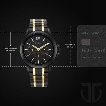 Titan Black and Gold Black Dial Quartz Multifunction Stainless Steel Strap watch for Men