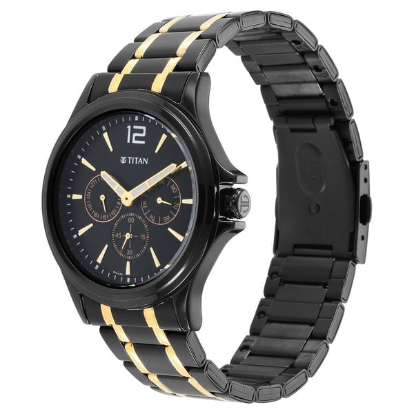 Titan Black and Gold Black Dial Quartz Multifunction Stainless Steel Strap watch for Men