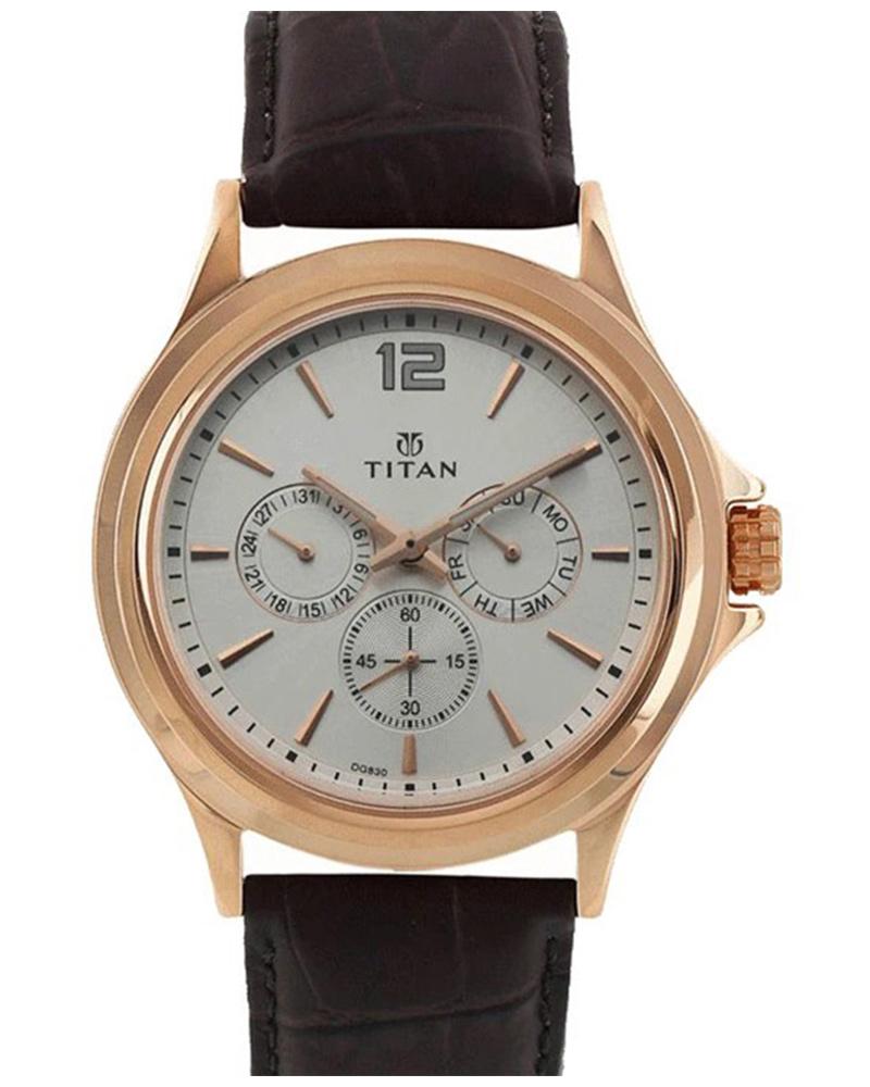Titan Quartz Multifunction White Dial Leather Strap Watch for Men