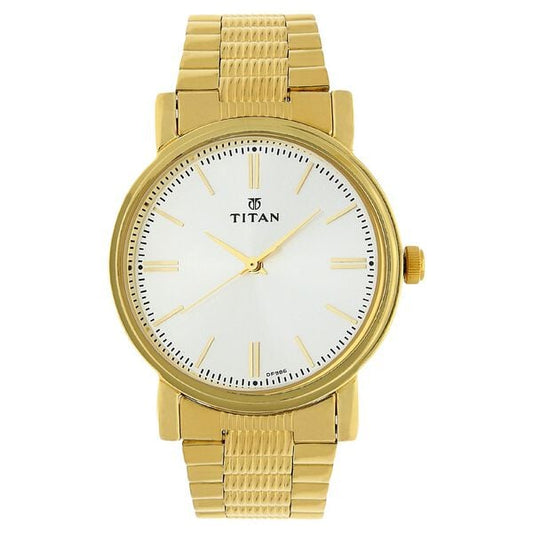 Titan Quartz Analog Silver Dial Golden Stainless Steel Strap Watch For Men