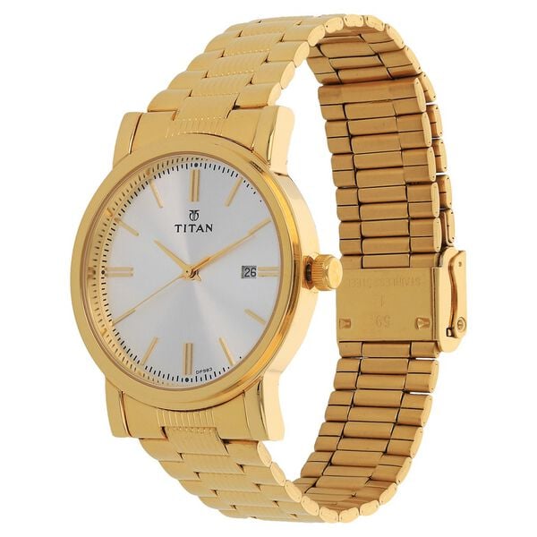 Titan Quartz Analog with Date Silver Dial Golden Stainless Steel Strap Watch For Men