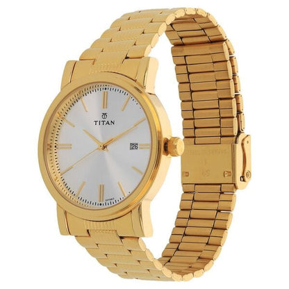 Titan Quartz Analog with Date Silver Dial Golden Stainless Steel Strap Watch For Men
