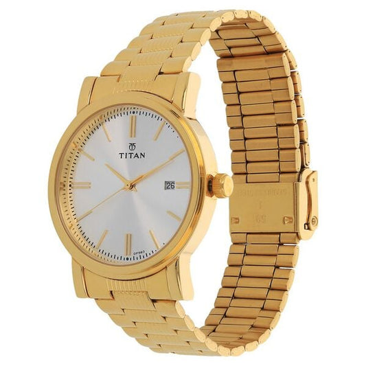Titan Quartz Analog with Date Silver Dial Golden Stainless Steel Strap Watch For Men