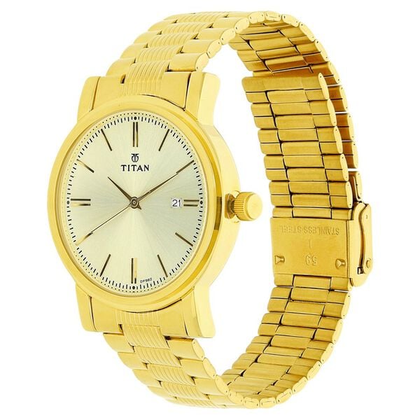 Titan Quartz Analog with Date Champagne Dial Golden Stainless Steel Strap Watch For Men