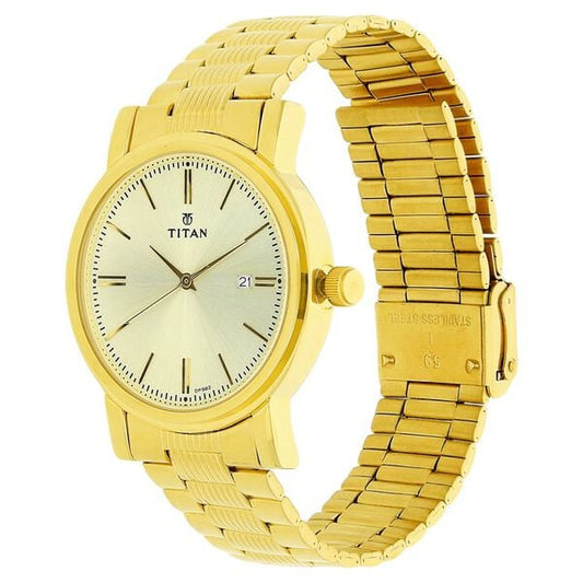 Titan Quartz Analog with Date Champagne Dial Golden Stainless Steel Strap Watch For Men