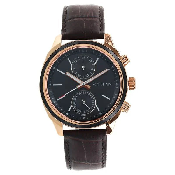 Titan Quartz Multifunction Black Dial Leather Strap Watch for Men