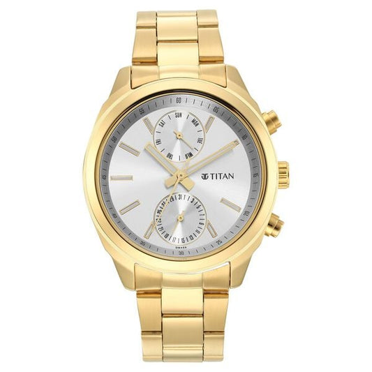 Titan Black and Gold Silver Dial Quartz Multifunction Stainless Steel Strap watch for Men