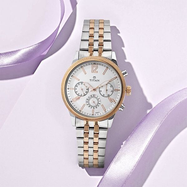 Titan Men's Metropolitan Luxe: Multifunction White Dial with Two-Tone Stainless Steel Bracelet Watch