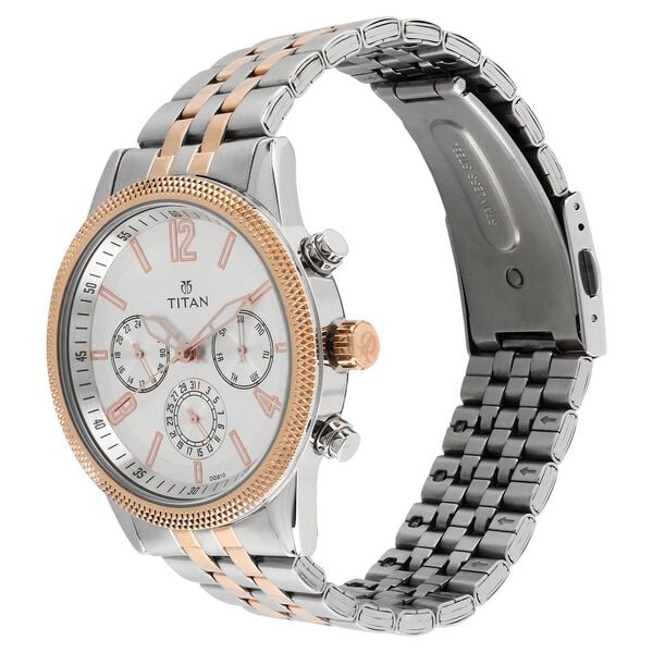 Titan Men's Metropolitan Luxe: Multifunction White Dial with Two-Tone Stainless Steel Bracelet Watch