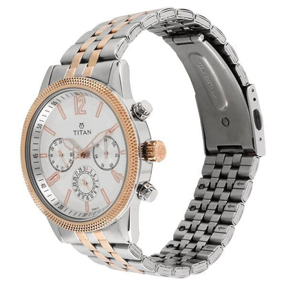 Titan Men's Metropolitan Luxe: Multifunction White Dial with Two-Tone Stainless Steel Bracelet Watch