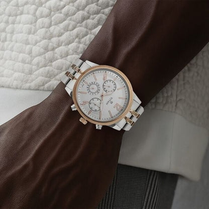 Titan Men's Metropolitan Luxe: Multifunction White Dial with Two-Tone Stainless Steel Bracelet Watch