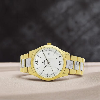 Titan Quartz Analog White Dial Stainless Steel Strap Watch for Men