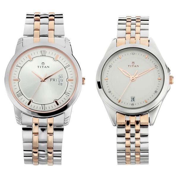 Titan Bandhan Quartz Analog with Day and Date Silver Dial Stainless Steel Strap Watch for Couple