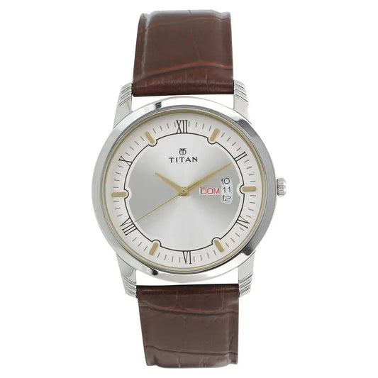 Titan Quartz Analog with Day and Date Silver Dial Leather Strap Watch for Men