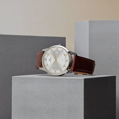 Titan Quartz Analog with Day and Date Silver Dial Leather Strap Watch for Men