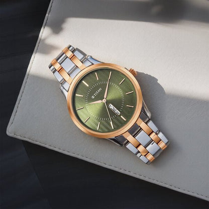 Titan Quartz Analog Green Dial Stainless Steel Strap Watch for Men