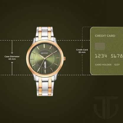 Titan Quartz Analog Green Dial Stainless Steel Strap Watch for Men