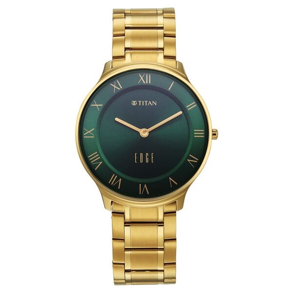Titan Edge Gleam Quartz Analog Green Dial Golden Stainless Steel Strap Watch For Men