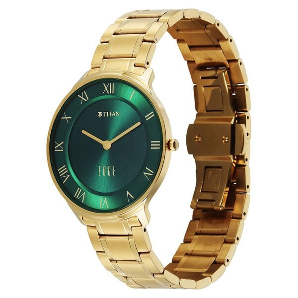 Titan Edge Gleam Quartz Analog Green Dial Golden Stainless Steel Strap Watch For Men