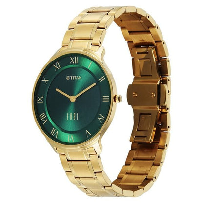 Titan Edge Gleam Quartz Analog Green Dial Golden Stainless Steel Strap Watch For Men