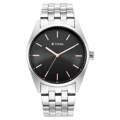 Titan Workwear Quartz Analog Black Dial Silver Stainless Steel Strap Watch For Men