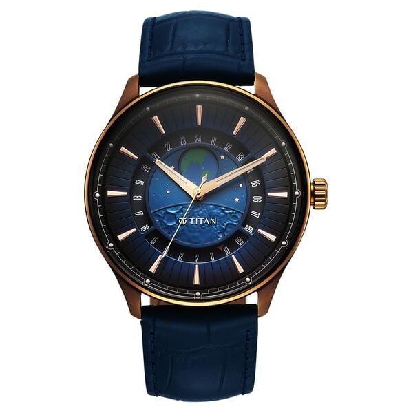 Titan Stellar Analog with Earth Disc and Blue Dial Blue Leather Strap Watch for Men