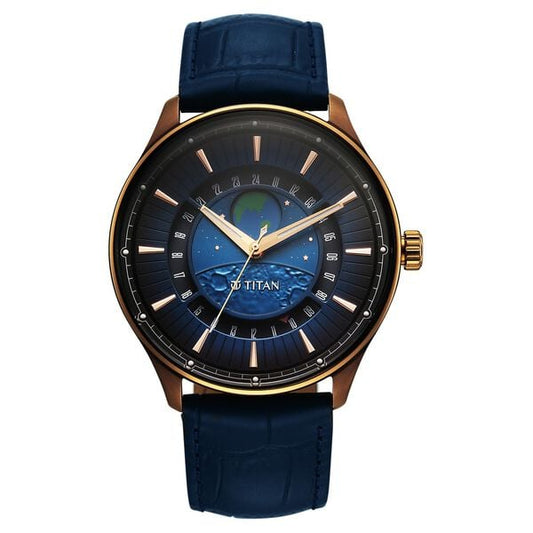 Titan Stellar Analog with Earth Disc and Blue Dial Blue Leather Strap Watch for Men