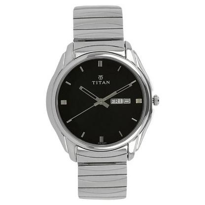 Titan Quartz Analog with Day and Date Black Dial Stainless Steel Strap Watch for Men - 38 mm Case Size - Medium Dial