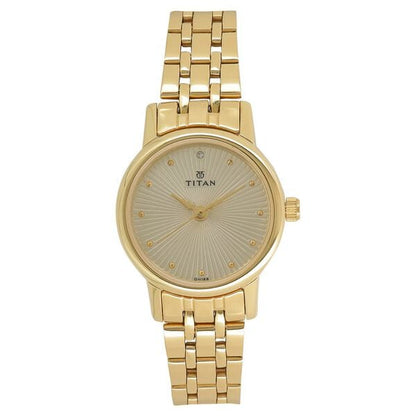 Titan Quartz Analog Champagne Round Dial Golden Stainless Steel Strap Watch For Women