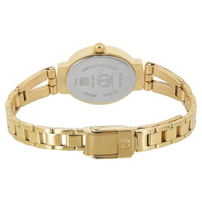 Titan Quartz Analog Champagne Dial Golden Stainless Steel Strap Oval Shaped Watch For Women