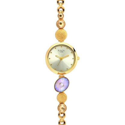 Titan Raga Moments Of Joy Quartz Analog Mother of Pearl Dial Golden Metal Strap Watch For Women