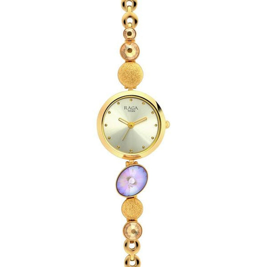Titan Raga Moments Of Joy Quartz Analog Mother of Pearl Dial Golden Metal Strap Watch For Women
