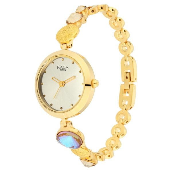 Titan Raga Moments Of Joy Quartz Analog Mother of Pearl Dial Golden Metal Strap Watch For Women